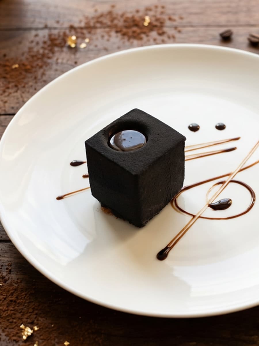 Geometric dark chocolate dessert finished with edible gold leaf and berry coulis.
